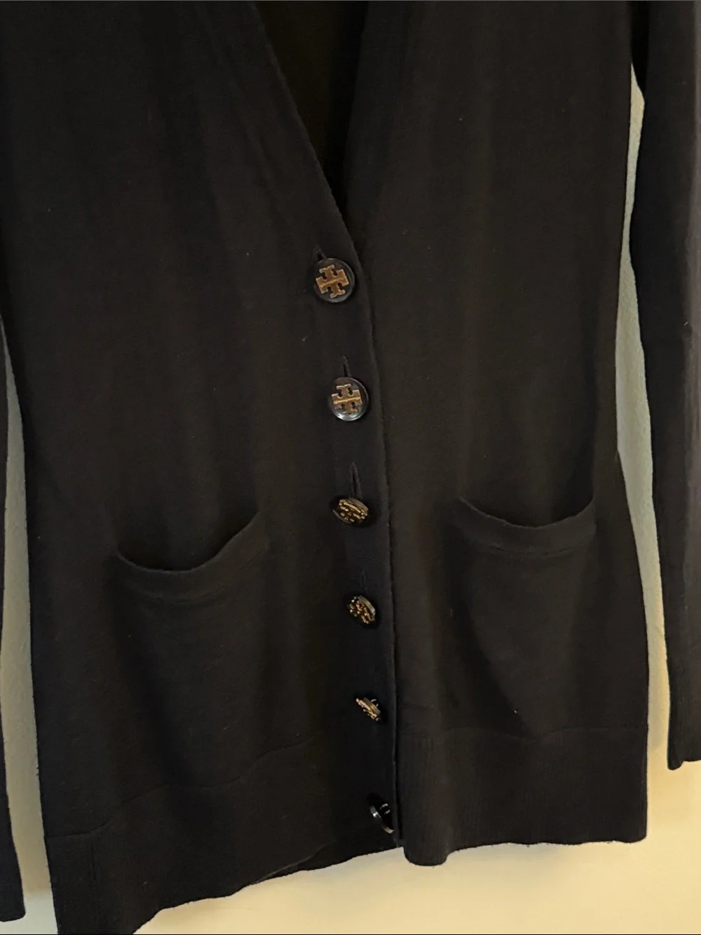 Tory Burch Black V-Neck Button Front Pocket Cardigan